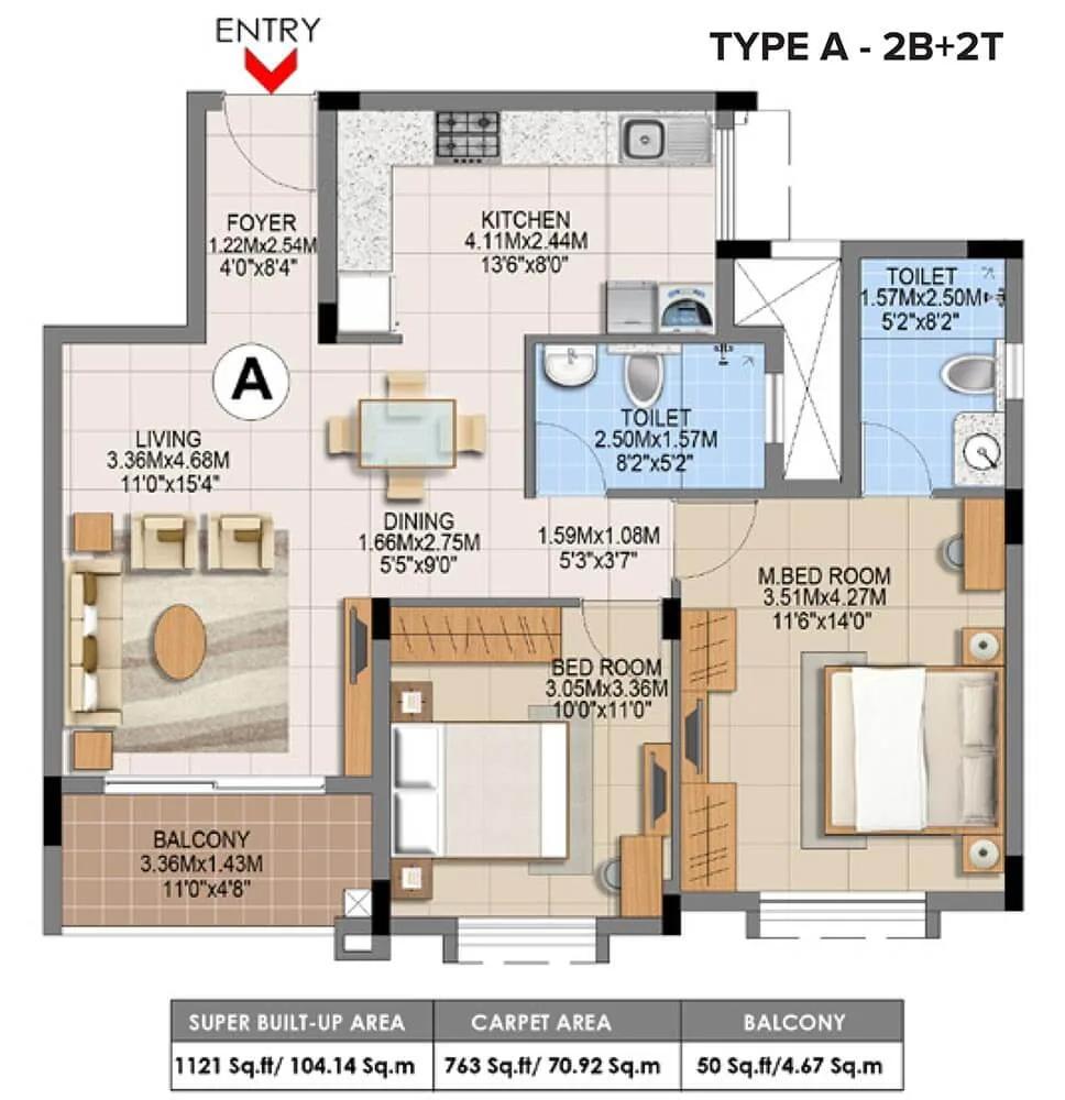 Brigade Gem 2 BHK floor plan, about 1,121 sq ft