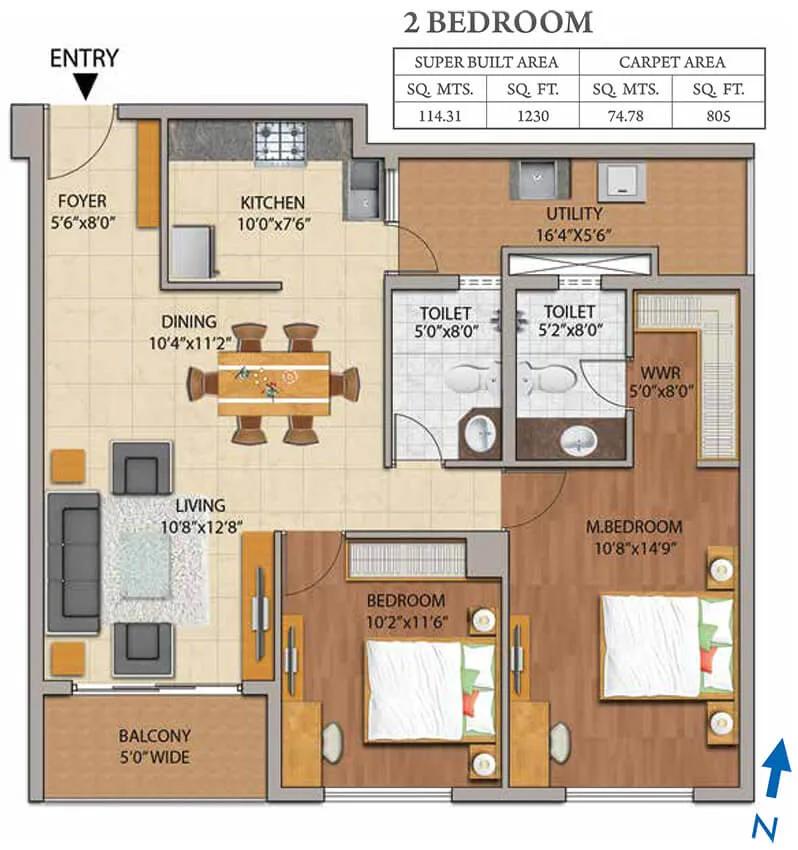 Adarsh Palm Retreat Mayberry 2 BHK floor plan, about 805 sq ft