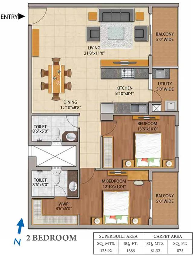 Adarsh Palm Retreat Mayberry 2 BHK floor plan, about 875 sq ft