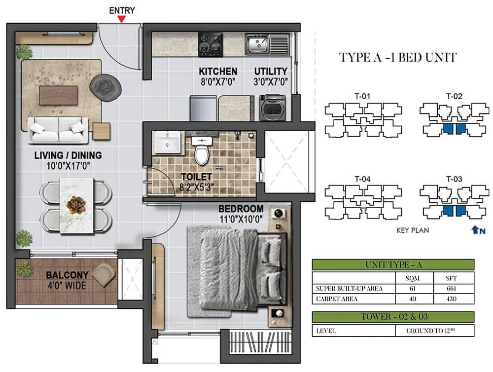 Prestige Green Gables 1 BHK floor plan, about 661 sq ft