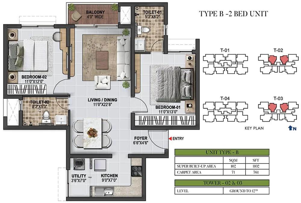 Prestige Green Gables 2 BHK floor plan, about 1,102 sq ft