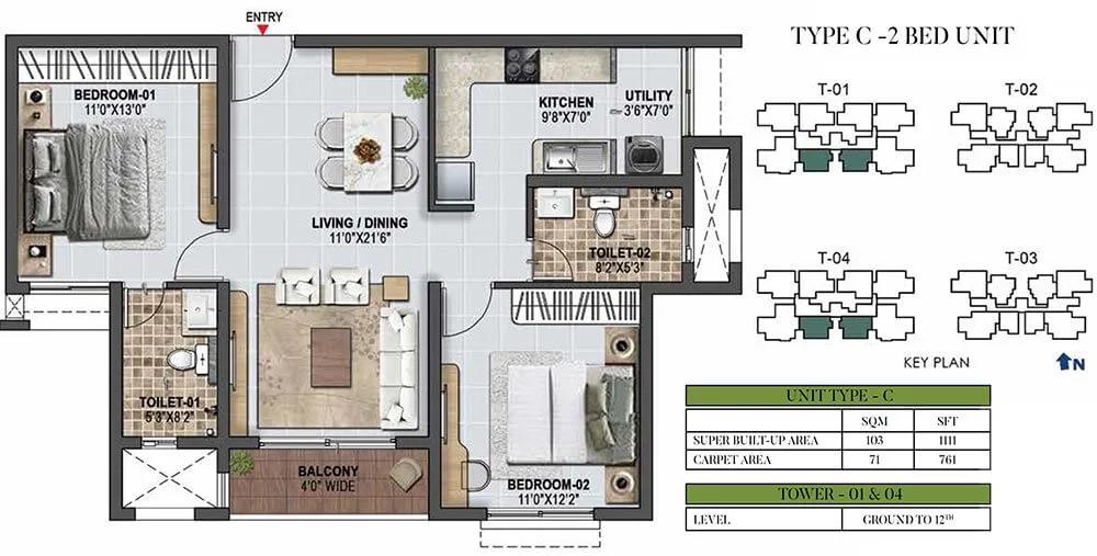 Prestige Green Gables 2 BHK floor plan, about 1,111 sq ft