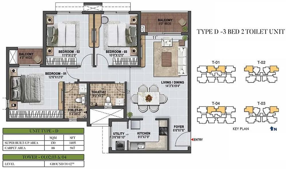 Prestige Green Gables 3 BHK floor plan, about 1,405 sq ft