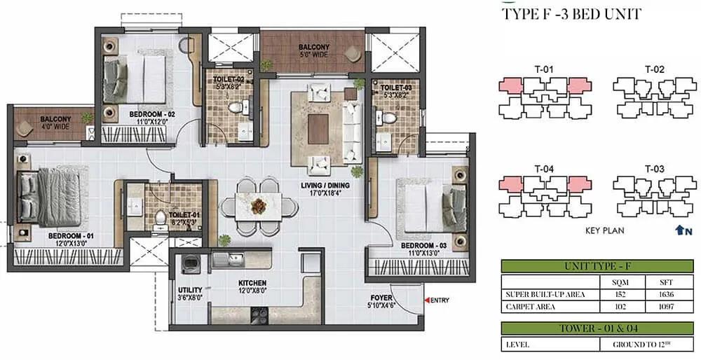 Prestige Green Gables 3 BHK floor plan, about 1,636 sq ft