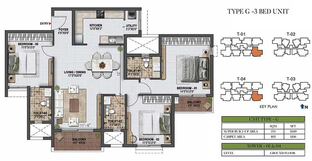 Prestige Green Gables 3 BHK floor plan, about 1,649 sq ft