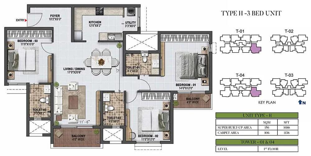 Prestige Green Gables 3 BHK floor plan, about 1,688 sq ft