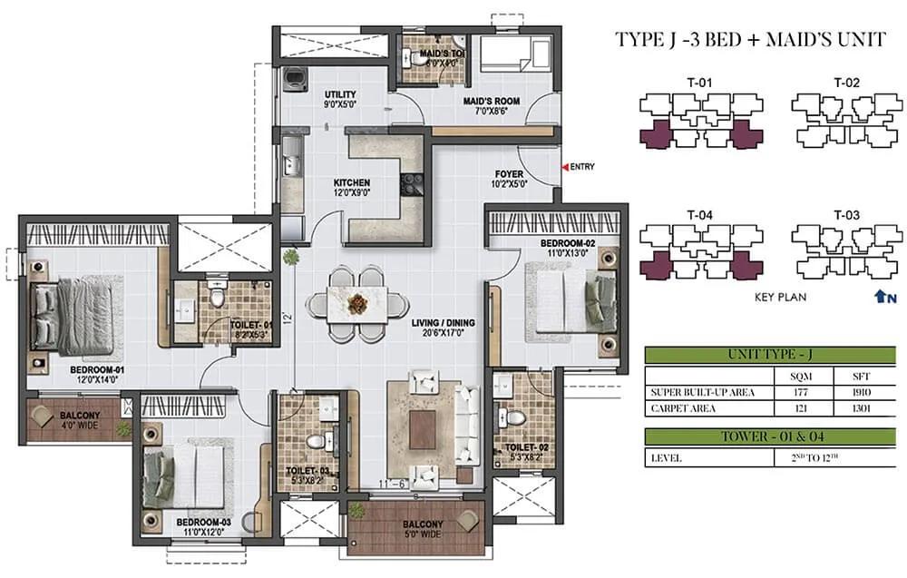 Prestige Green Gables 3 BHK floor plan, about 1,910 sq ft