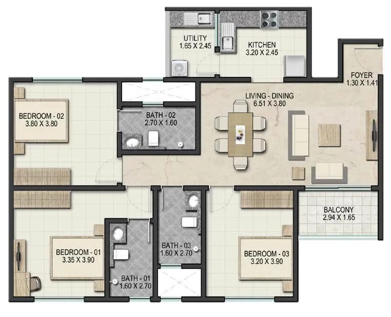 Sobha Royal Pavilion 3 BHK floor plan