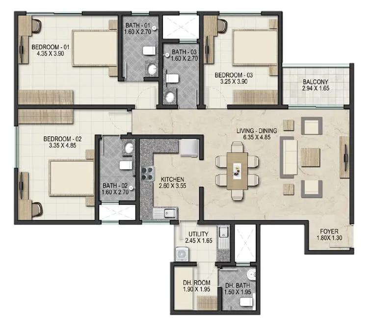 Sobha Royal Pavilion 3 BHK floor plan