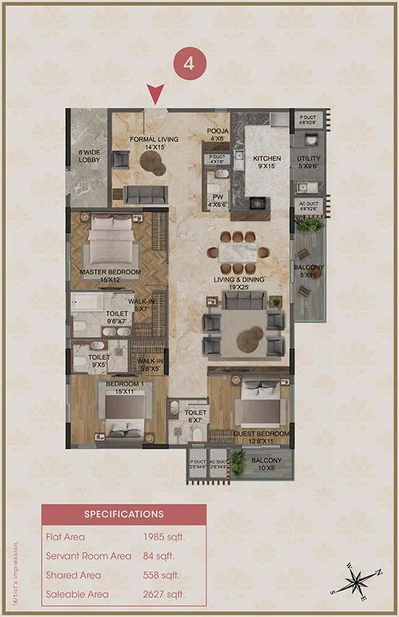 Magnolia Delight Apartments 3 BHK floor plan, about 2,627 sq ft