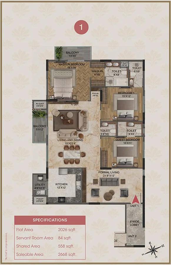 Magnolia Delight Apartments 3 BHK floor plan, about 2,668 sq ft
