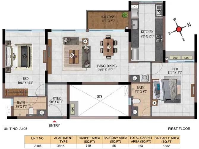 Casagrand Estancia 2 BHK floor plan, about 1,382 sq ft