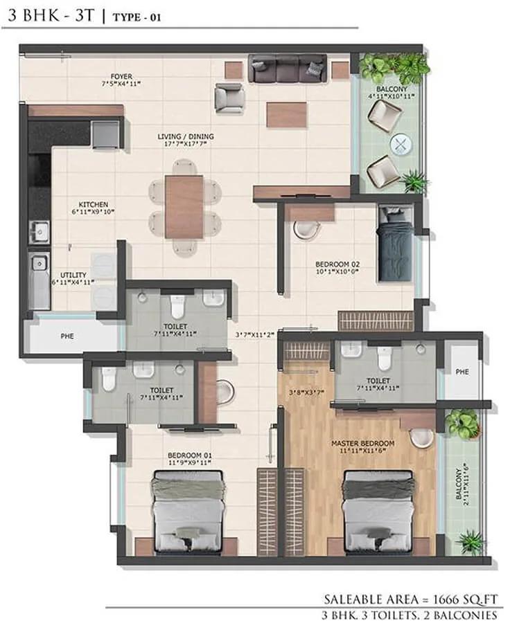 Bren Park City 3 BHK floor plan, about 1,666 sq ft