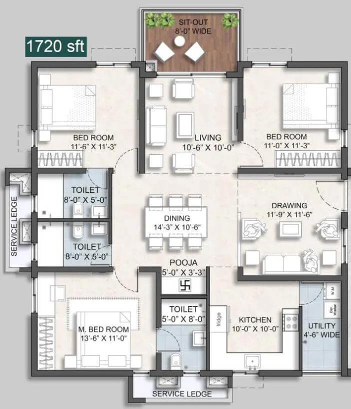 Anvita Ivana Phase 2 3 BHK floor plan, about 1,720 sq ft