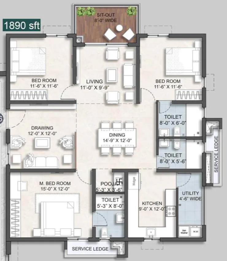Anvita Ivana Phase 2 3 BHK floor plan, about 1,890 sq ft