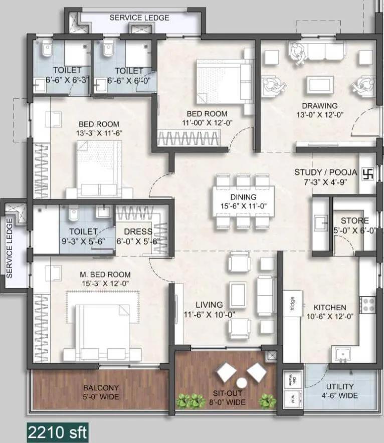 Anvita Ivana Phase 2 3 BHK floor plan, about 2,210 sq ft