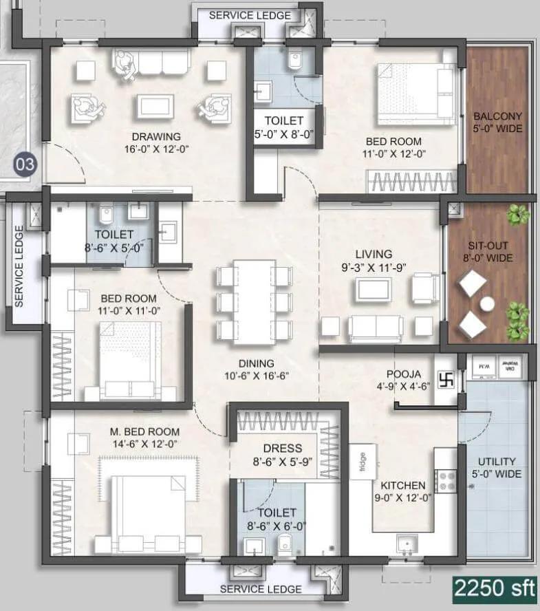 Anvita Ivana Phase 2 3 BHK floor plan, about 2,250 sq ft