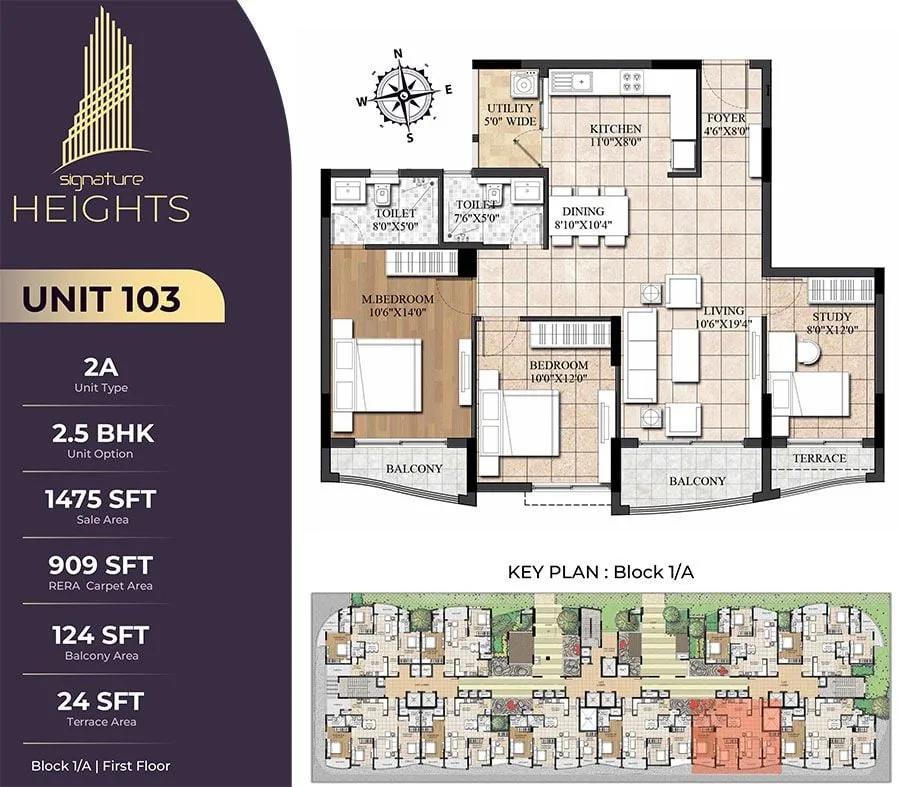 Signature Heights 2.5 BHK floor plan, about 1,475 sq ft