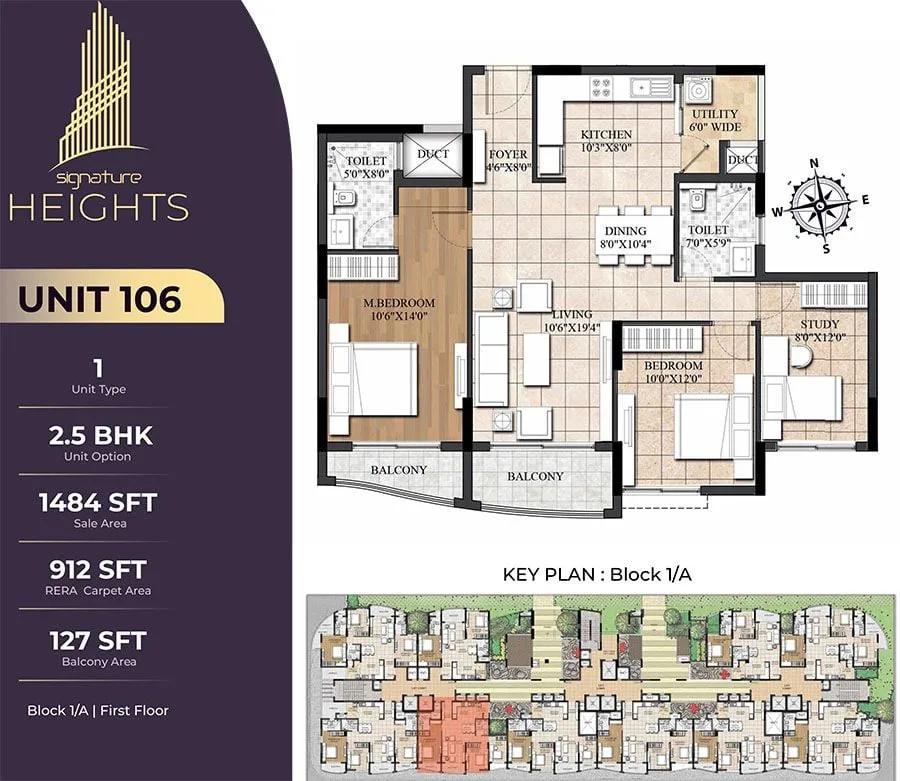 Signature Heights 2.5 BHK floor plan, about 1,484 sq ft