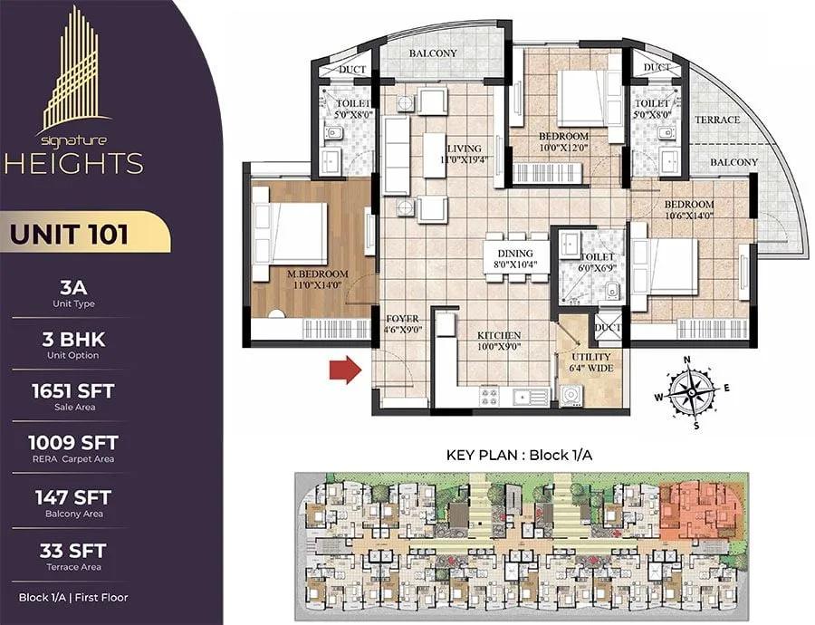 Signature Heights 3 BHK floor plan, about 1,651 sq ft