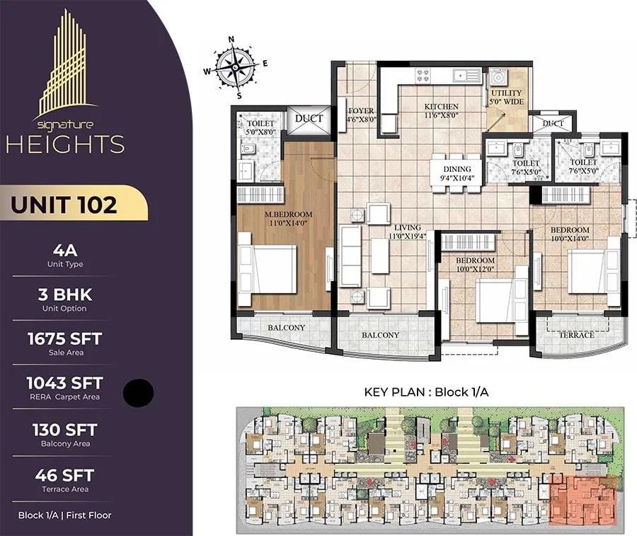 Signature Heights 3 BHK floor plan, about 1,675 sq ft