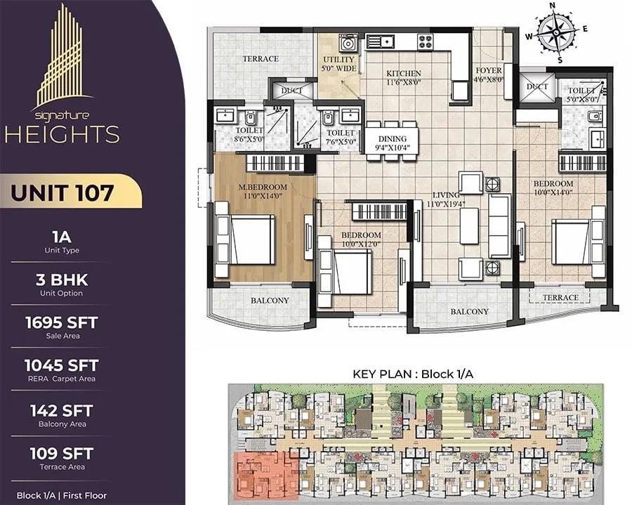 Signature Heights 3 BHK floor plan, about 1,695 sq ft