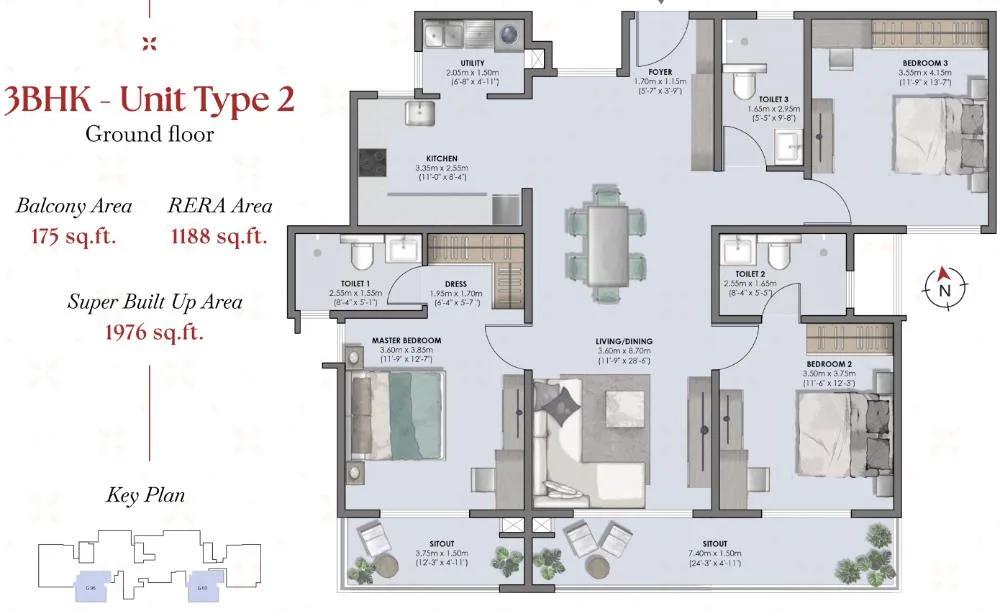 Suyug Saffron 3 BHK floor plan, about 1,976 sq ft