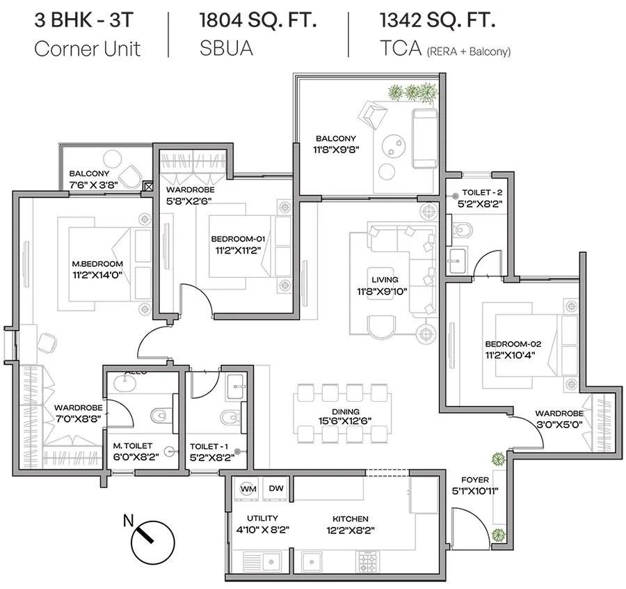 Assetz Codename Beyond Ordinary 3 BHK floor plan, about 1,804 sq ft