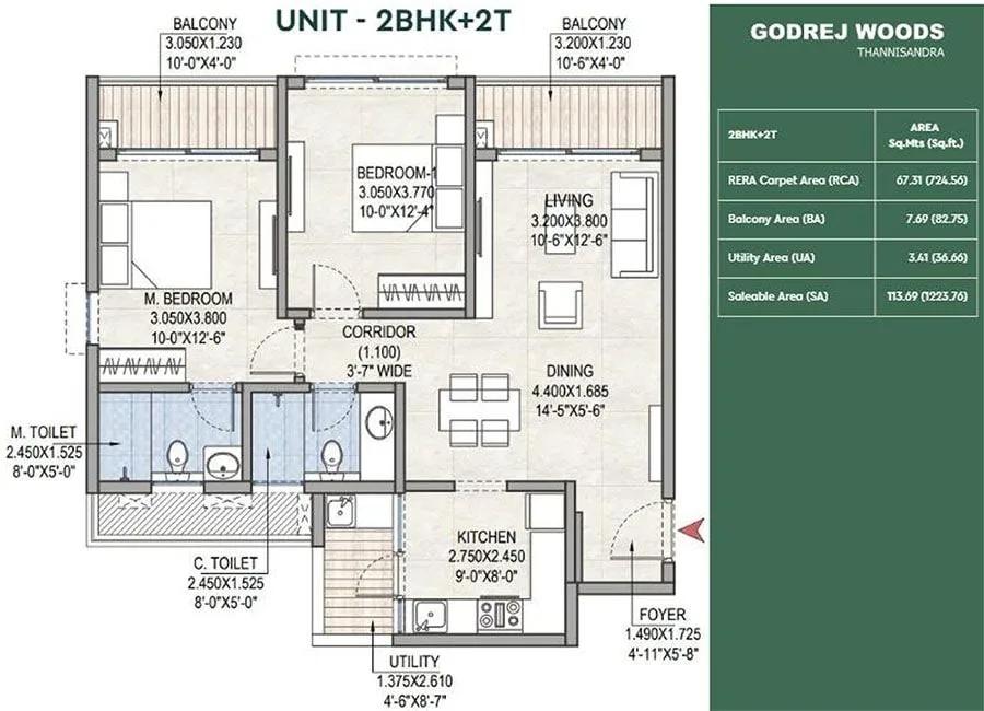 Godrej Woods 2 BHK floor plan, about 1,223 sq ft