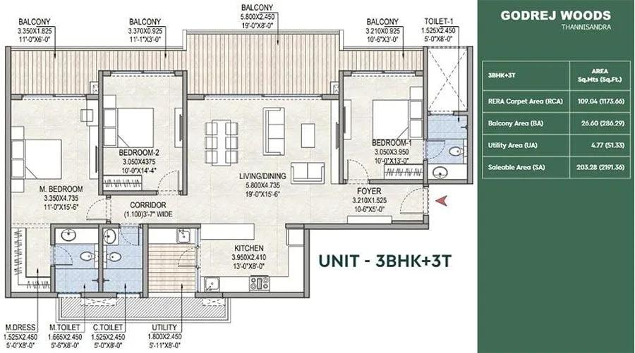 Godrej Woods 3 BHK floor plan, about 2,191 sq ft