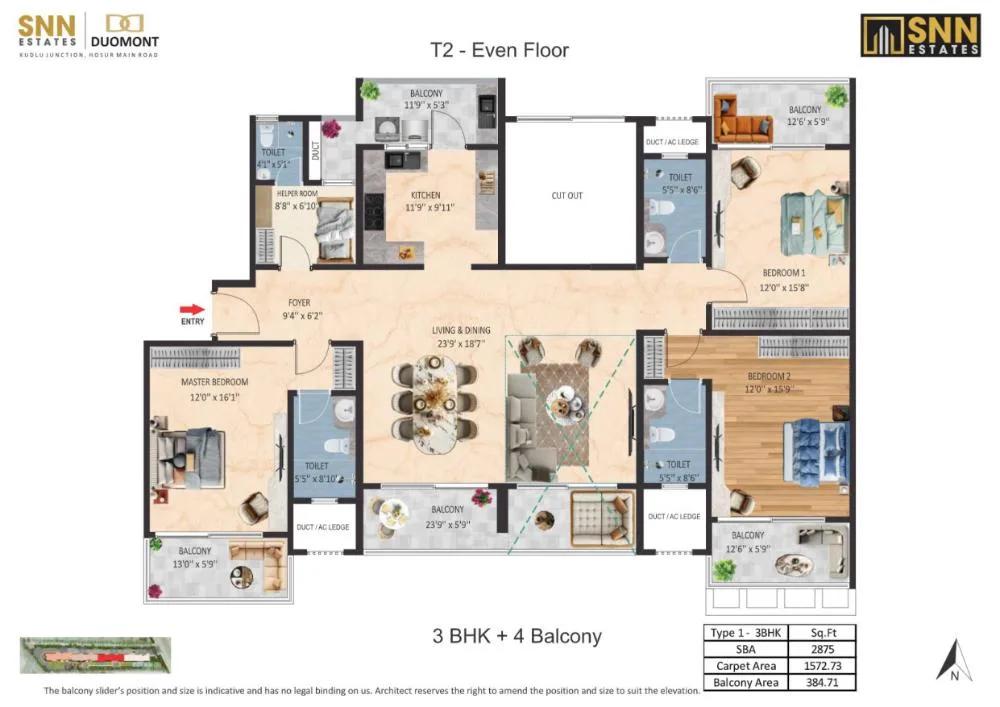 SNN Duomont 3 BHK floor plan, about 2,875 sq ft