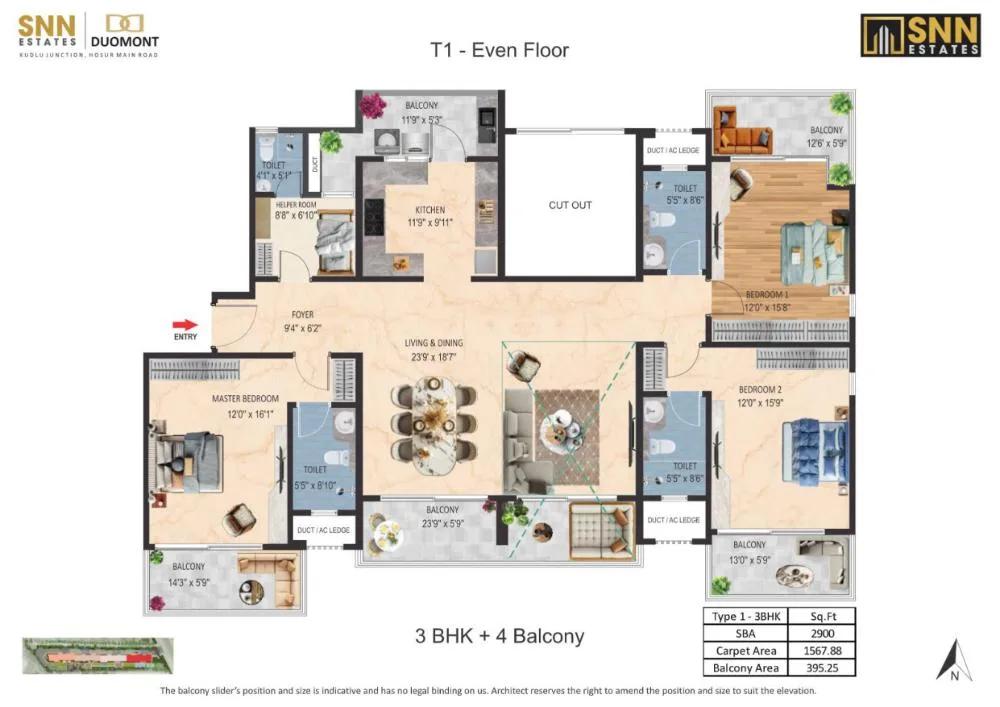 SNN Duomont 3 BHK floor plan, about 2,900 sq ft