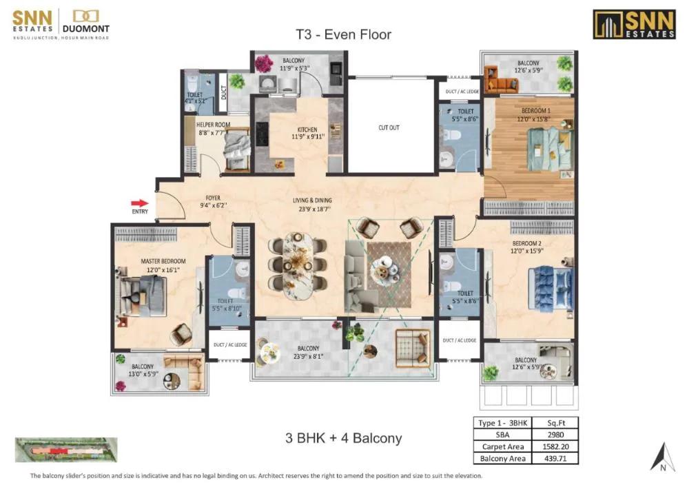 SNN Duomont 3 BHK floor plan, about 2,980 sq ft