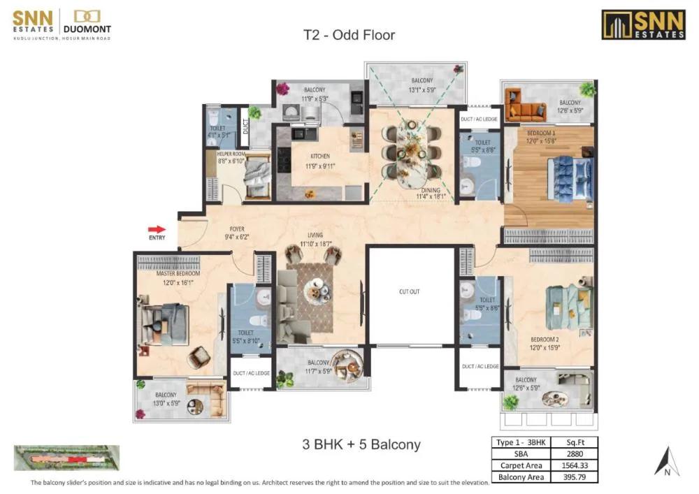 SNN Duomont 3 BHK floor plan, about 2,880 sq ft