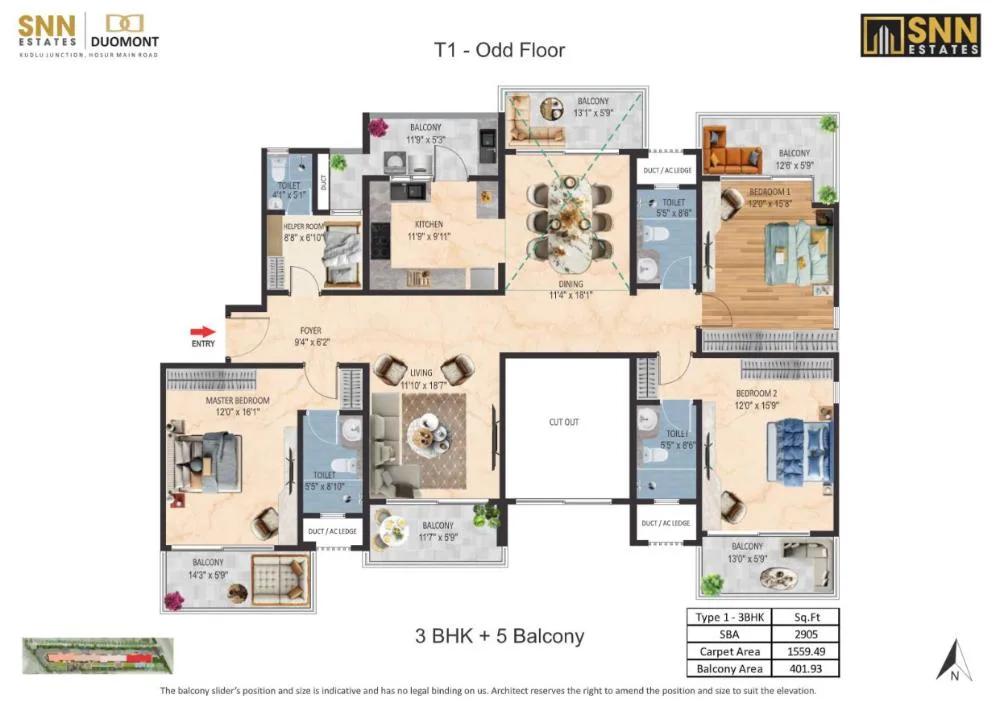 SNN Duomont 3 BHK floor plan, about 2,905 sq ft