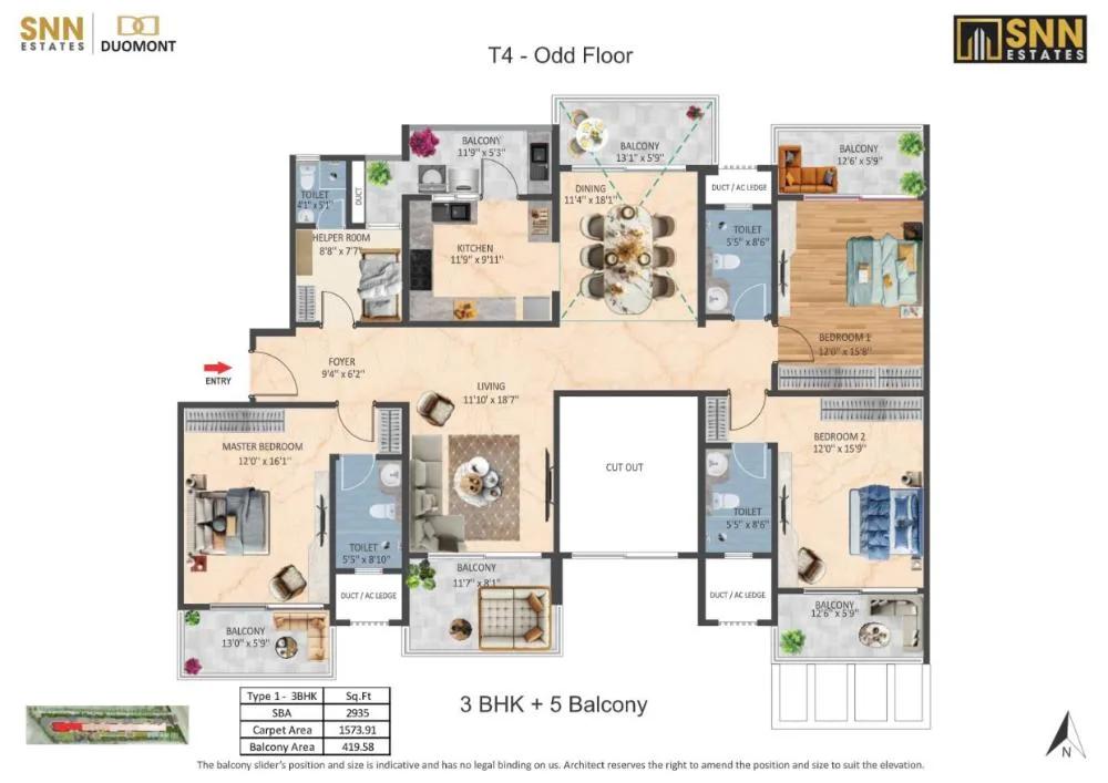 SNN Duomont 3 BHK floor plan, about 2,935 sq ft