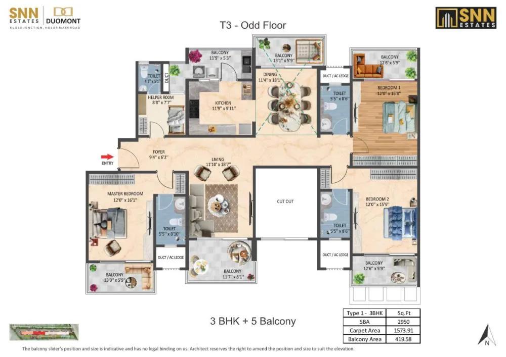 SNN Duomont 3 BHK floor plan, about 2,950 sq ft