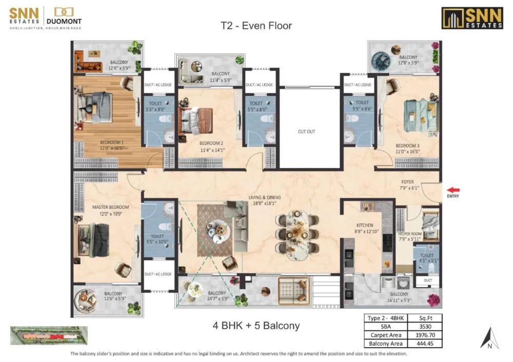 SNN Duomont 4 BHK floor plan, about 3,530 sq ft