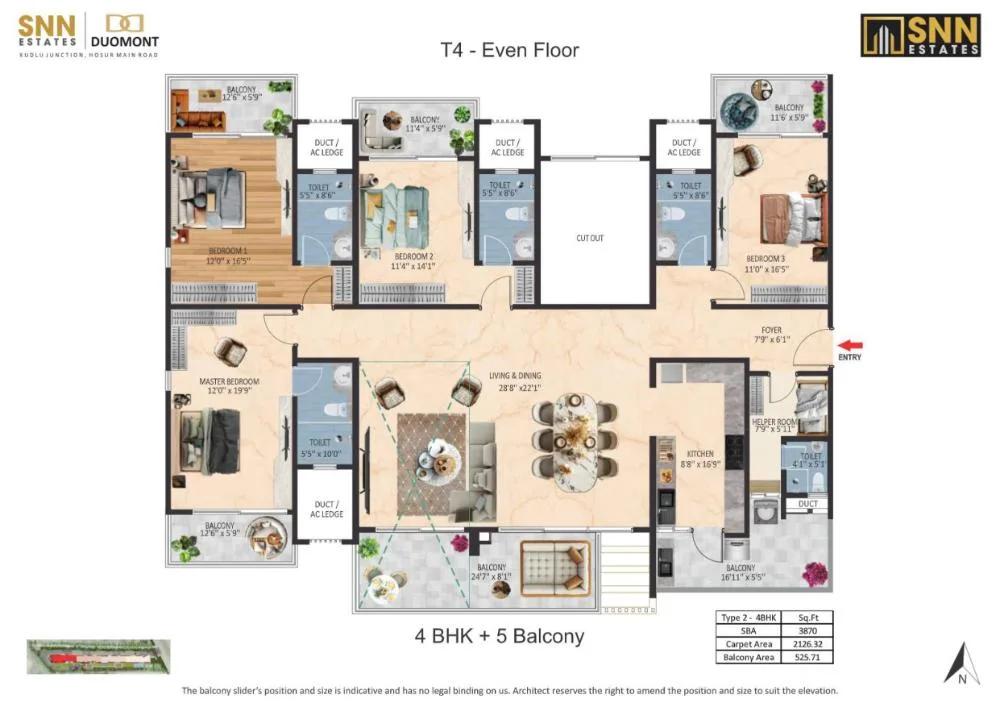 SNN Duomont 4 BHK floor plan, about 3,870 sq ft