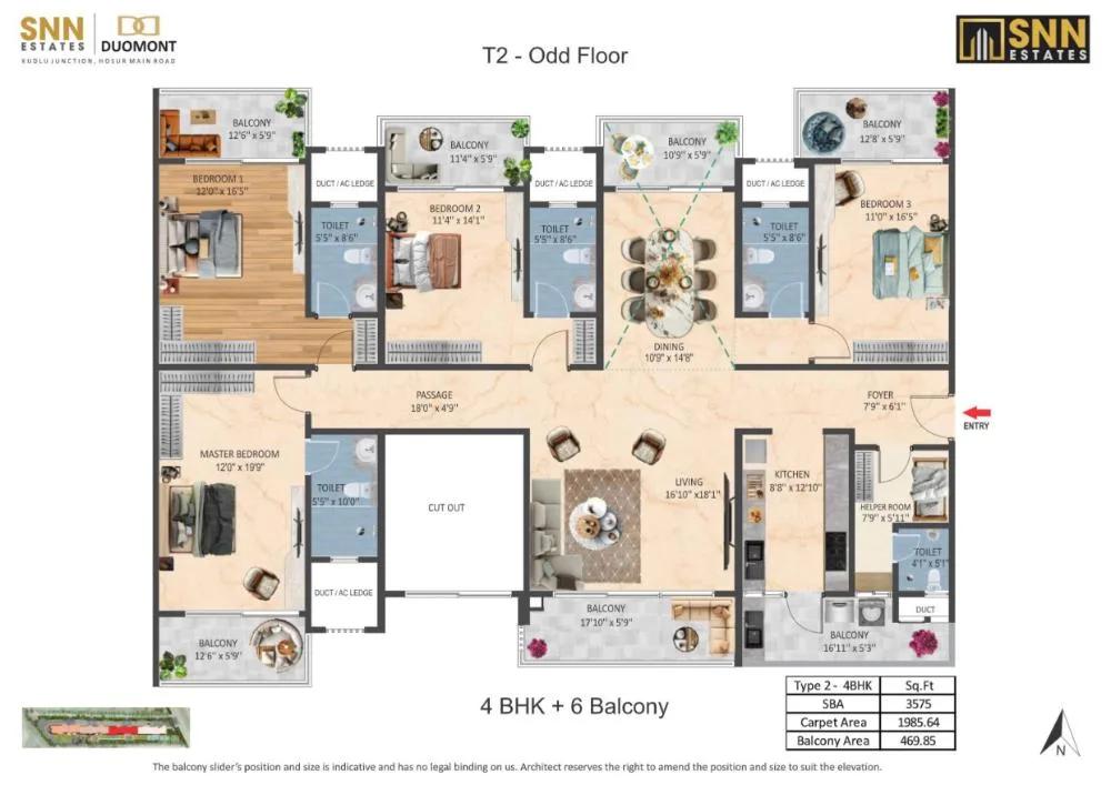 SNN Duomont 4 BHK floor plan, about 3,575 sq ft