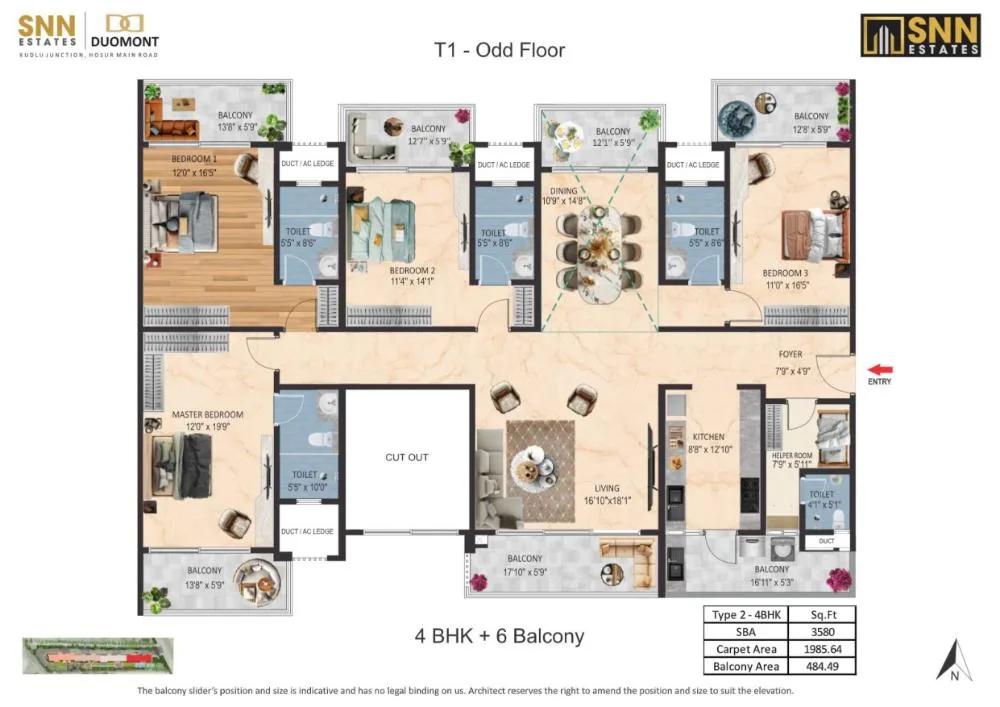 SNN Duomont 4 BHK floor plan, about 3,580 sq ft
