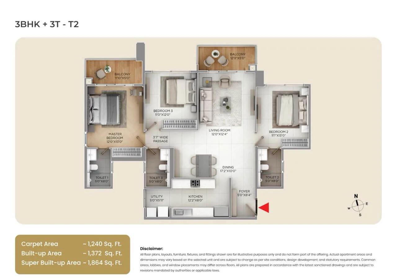 Purva Silver Sky 3 BHK floor plan, about 1,864 sq ft