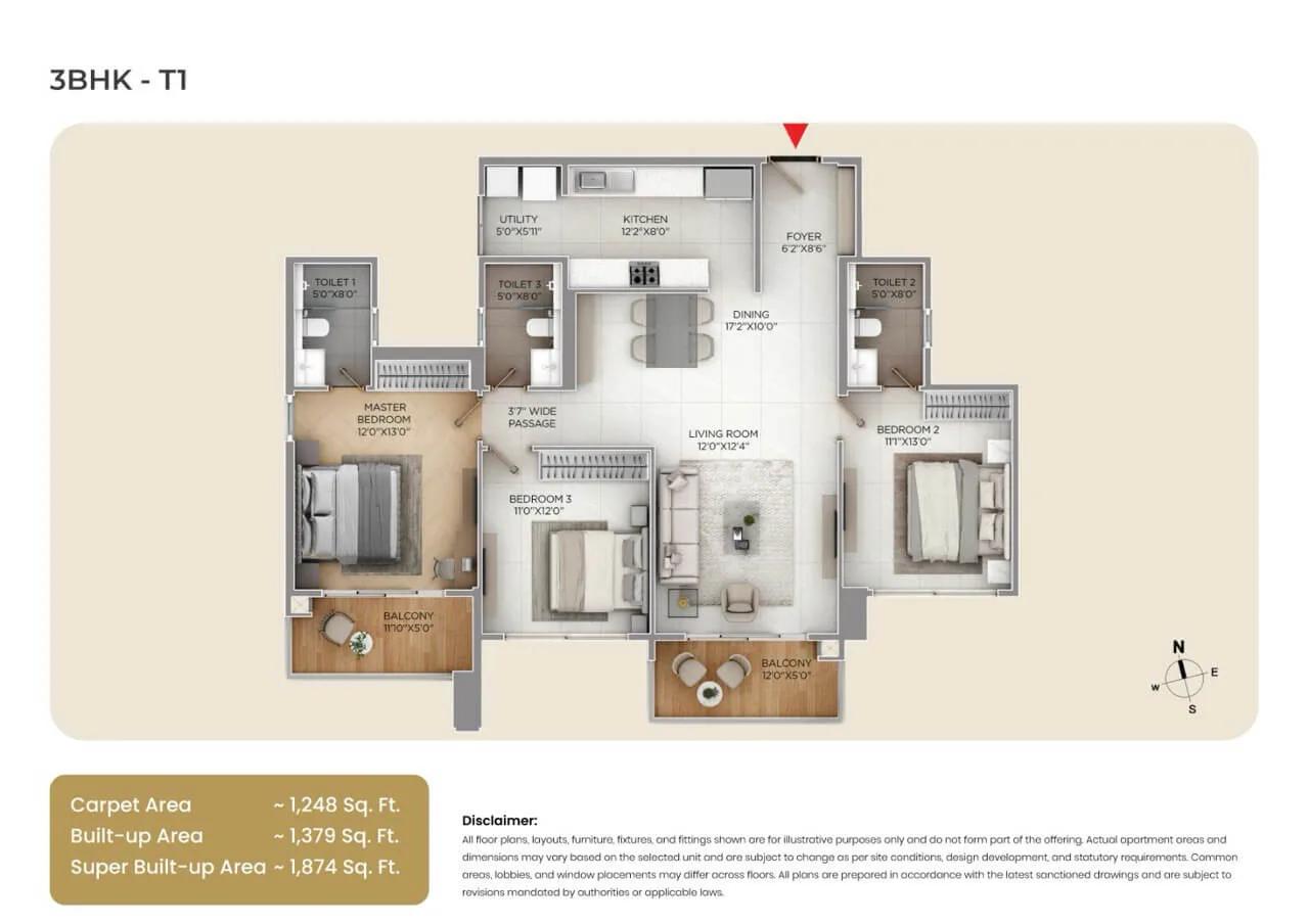 Purva Silver Sky 3 BHK floor plan, about 1,874 sq ft