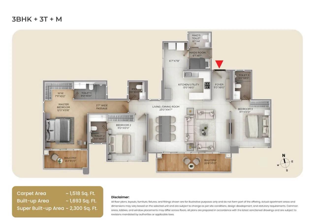 Purva Silver Sky 3 BHK floor plan, about 2,300 sq ft