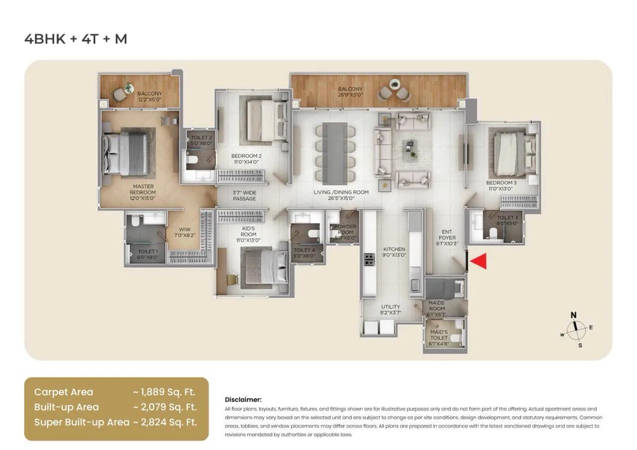 Purva Silver Sky 4 BHK floor plan, about 2,824 sq ft