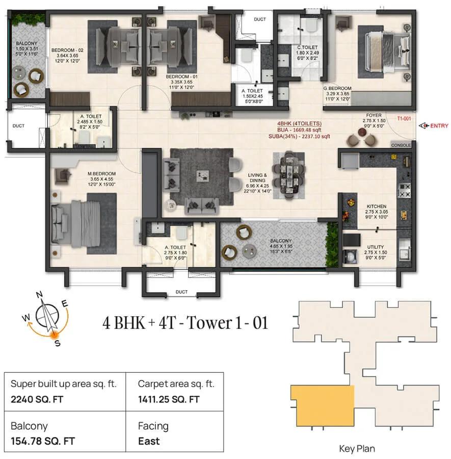 Trendsquares World of Gardens 4 BHK floor plan, about 2,240 sq ft