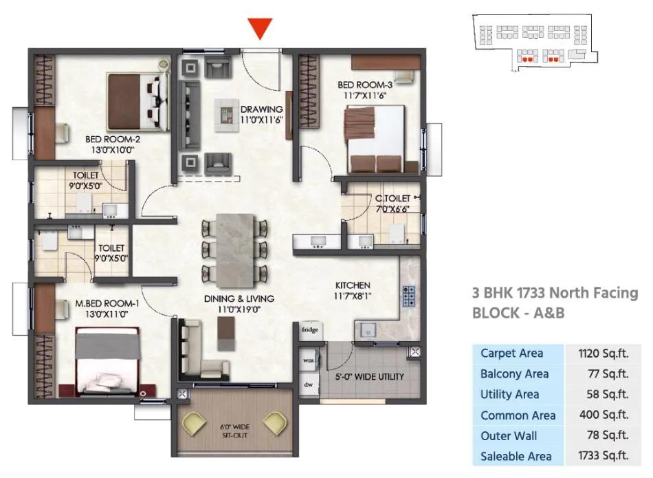 Tridasa Rise Apartments 3 BHK floor plan, about 1,733 sq ft