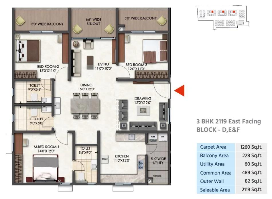 Tridasa Rise Apartments 3 BHK floor plan, about 2,119 sq ft