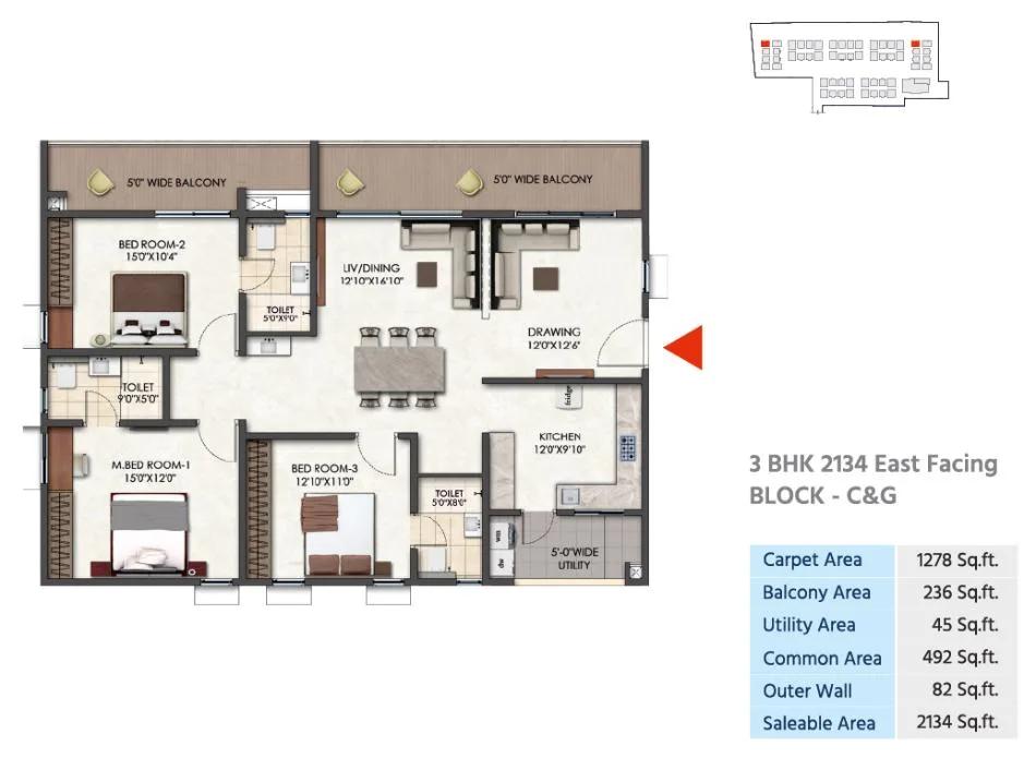 Tridasa Rise Apartments 3 BHK floor plan, about 2,134 sq ft