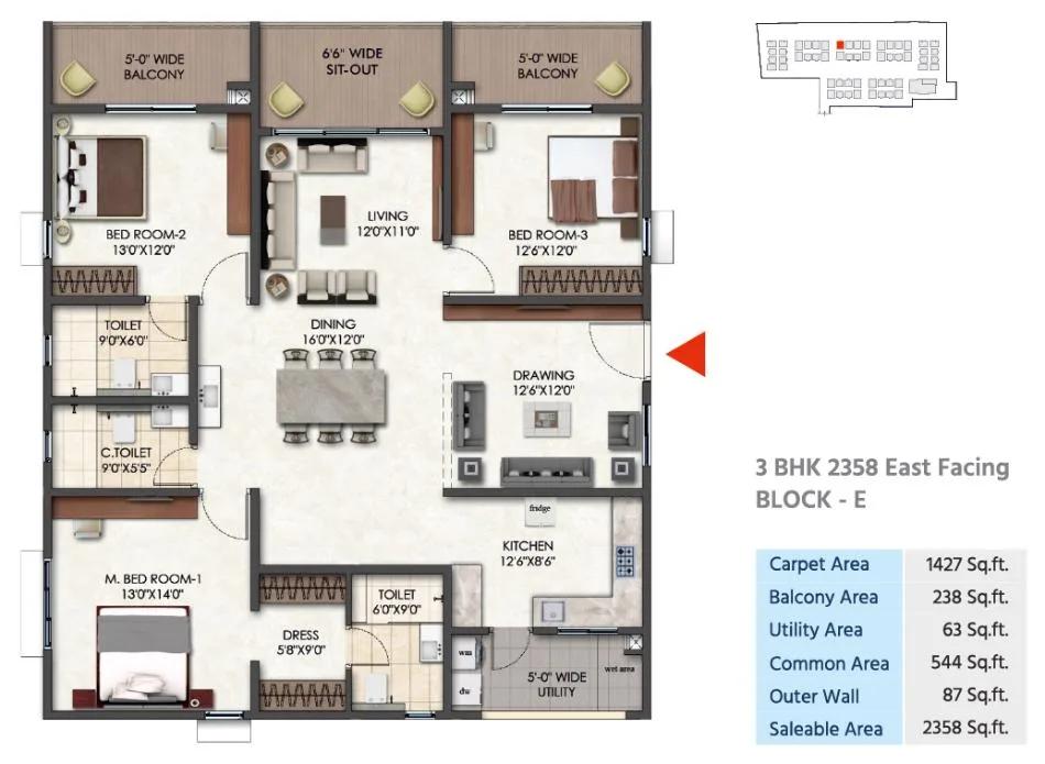 Tridasa Rise Apartments 3 BHK floor plan, about 2,358 sq ft